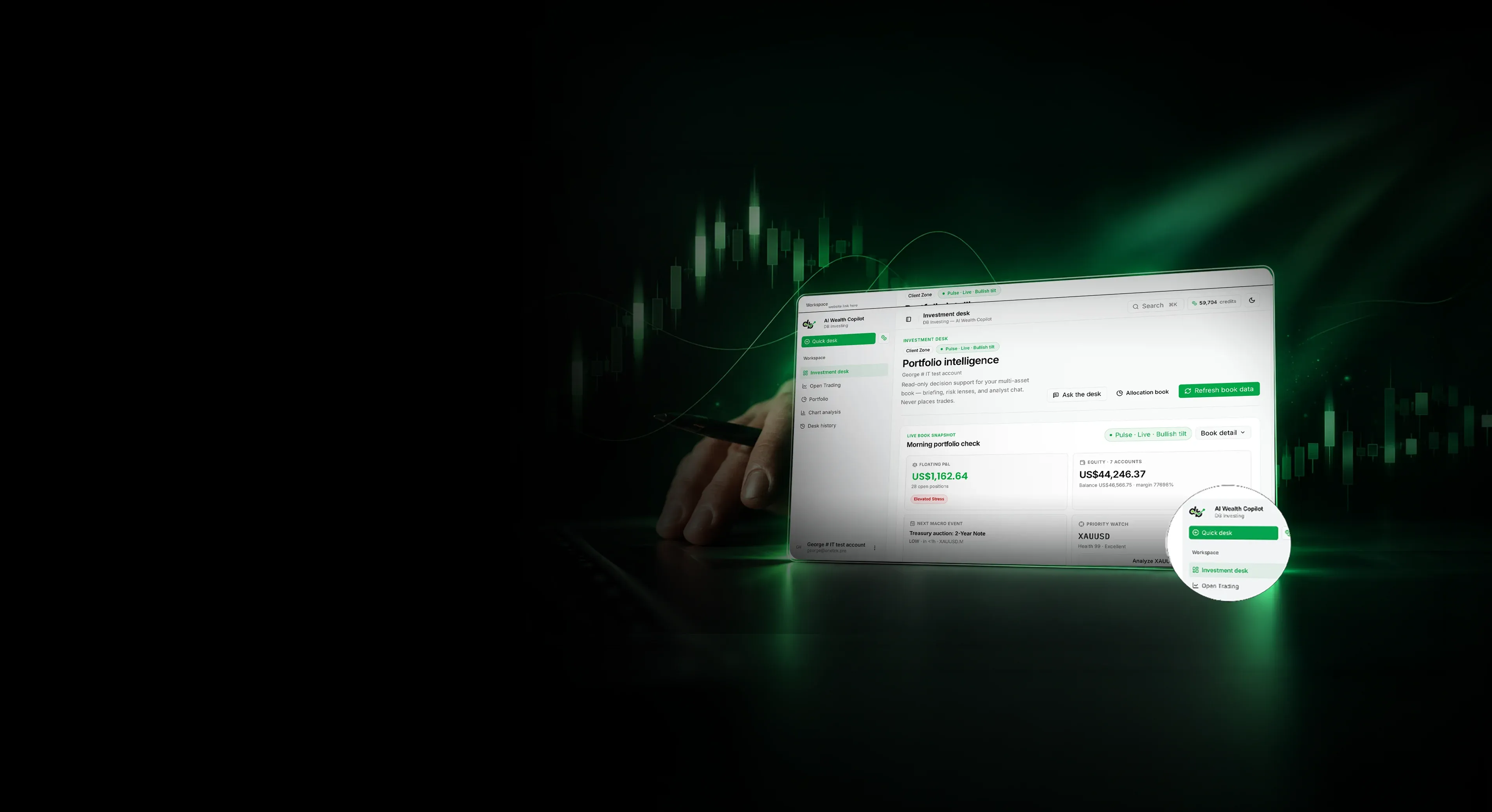 لوحة تحكم AI Wealth Copilot على جهاز لوحي مع ذكاء المحفظة ورسوم بيانية للتداول في الخلفية