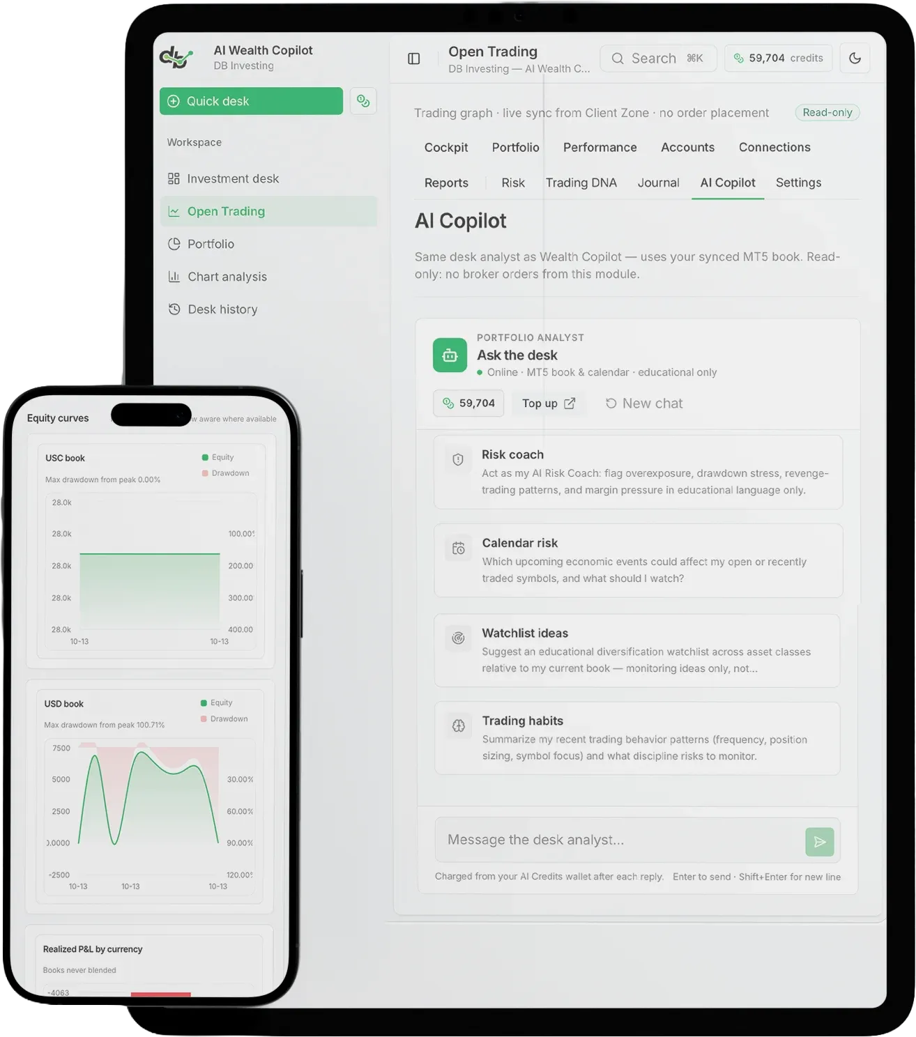 AI Wealth Copilot على جهاز لوحي ورسوم بيانية للمحفظة على هاتف محمول