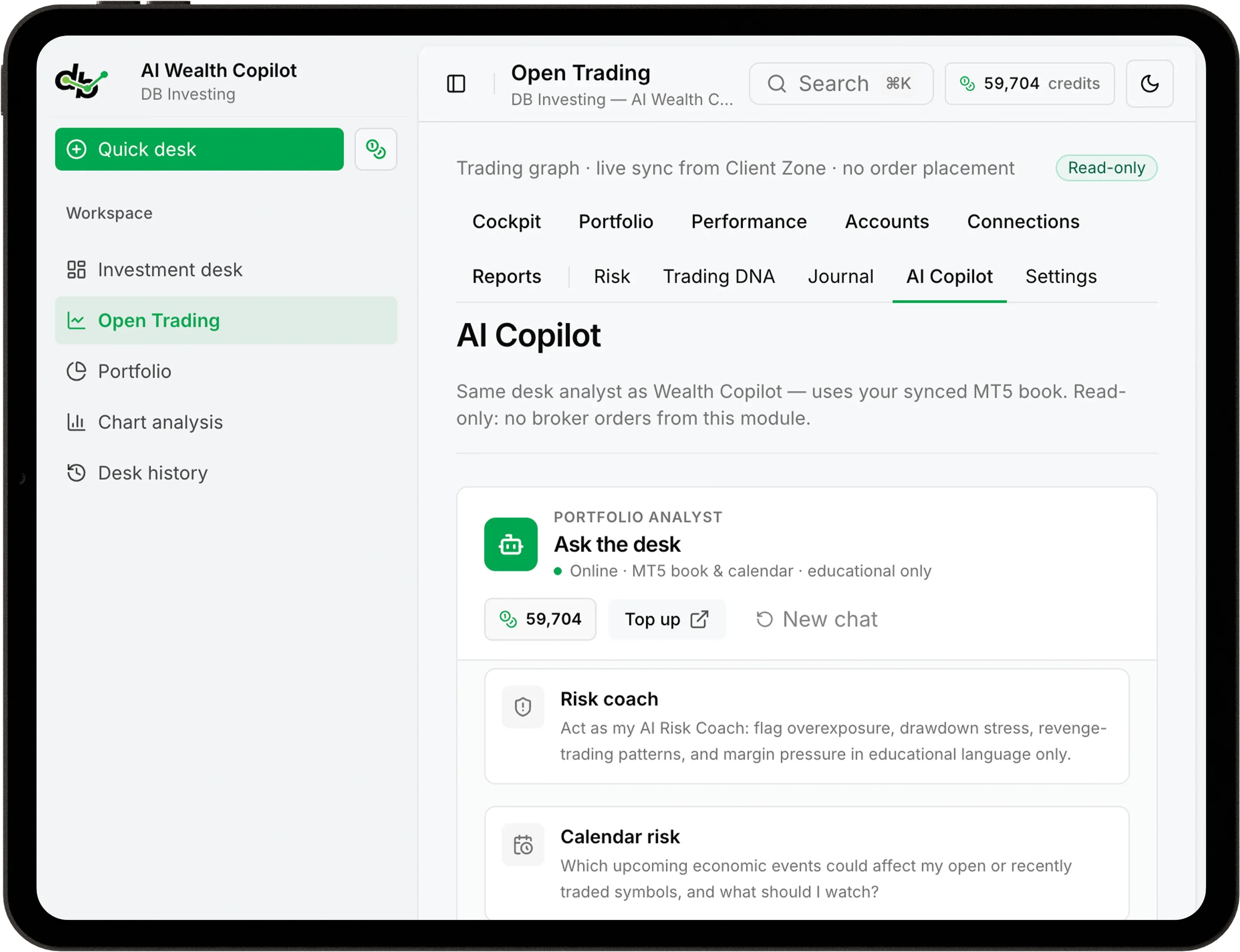 AI Wealth Copilot اسأل المكتب وتحليل الرسم البياني على جهاز لوحي
