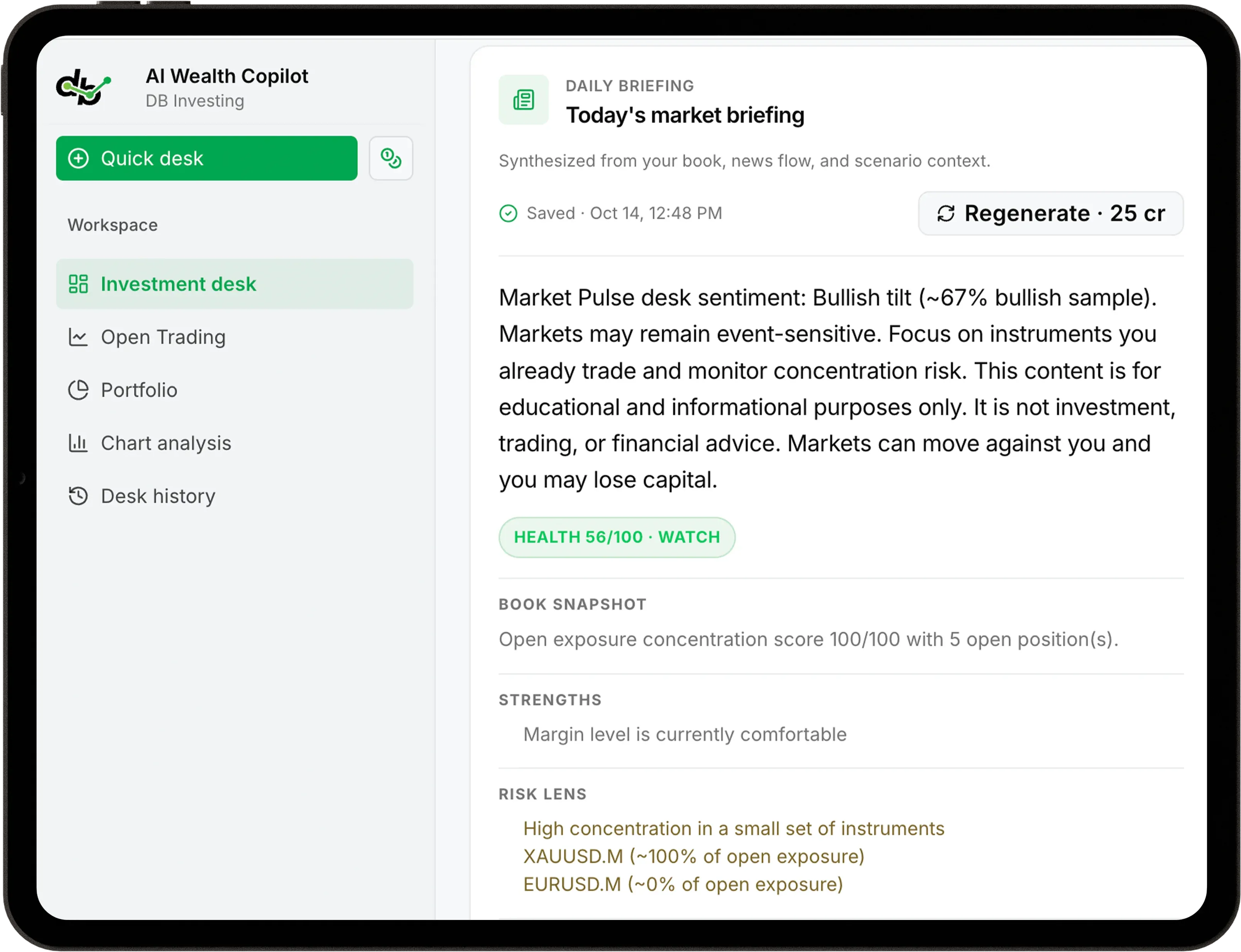 موجز السوق اليوم من AI Wealth Copilot على جهاز لوحي