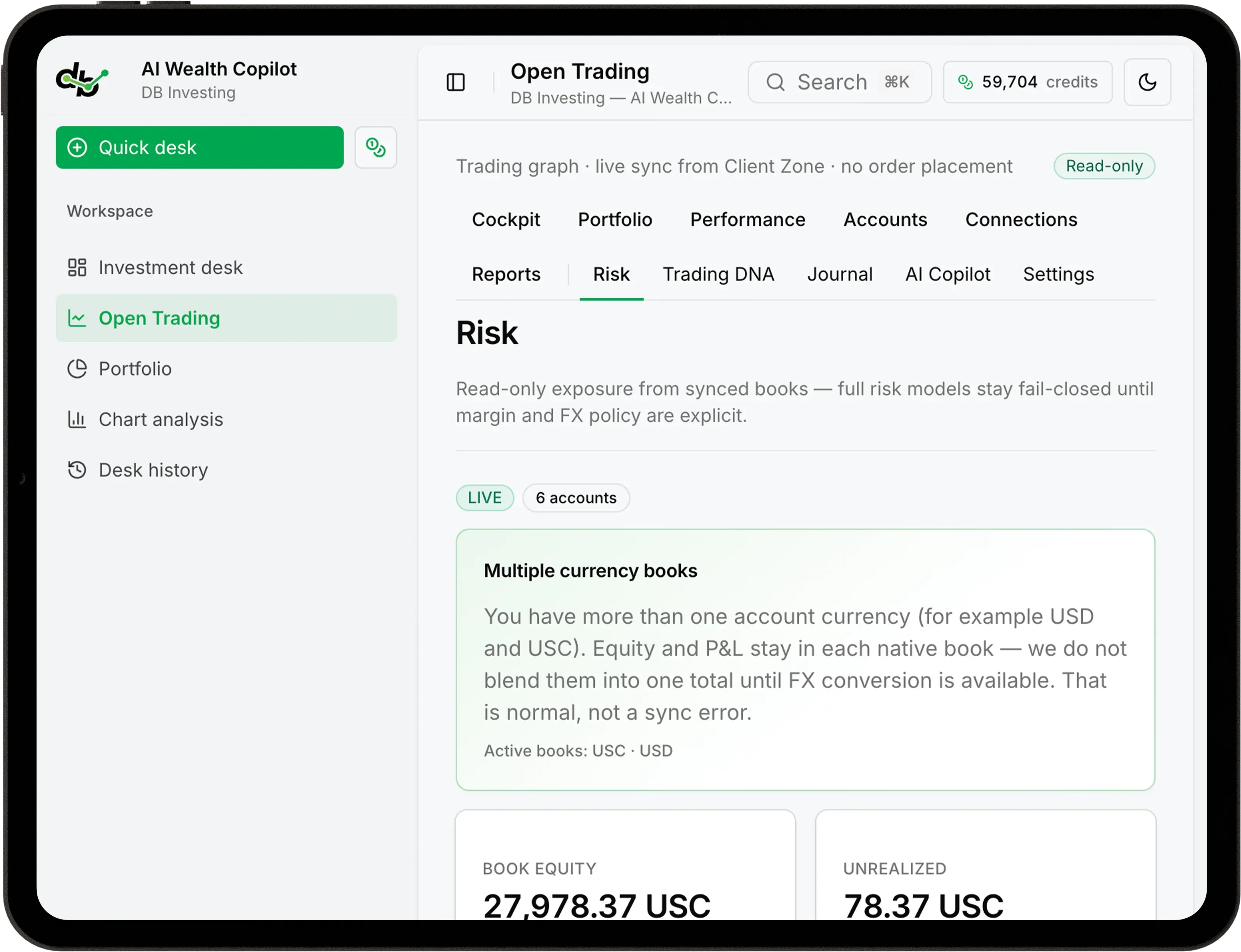 رؤى مخاطر AI Wealth Copilot مع خريطة التركيز على جهاز لوحي