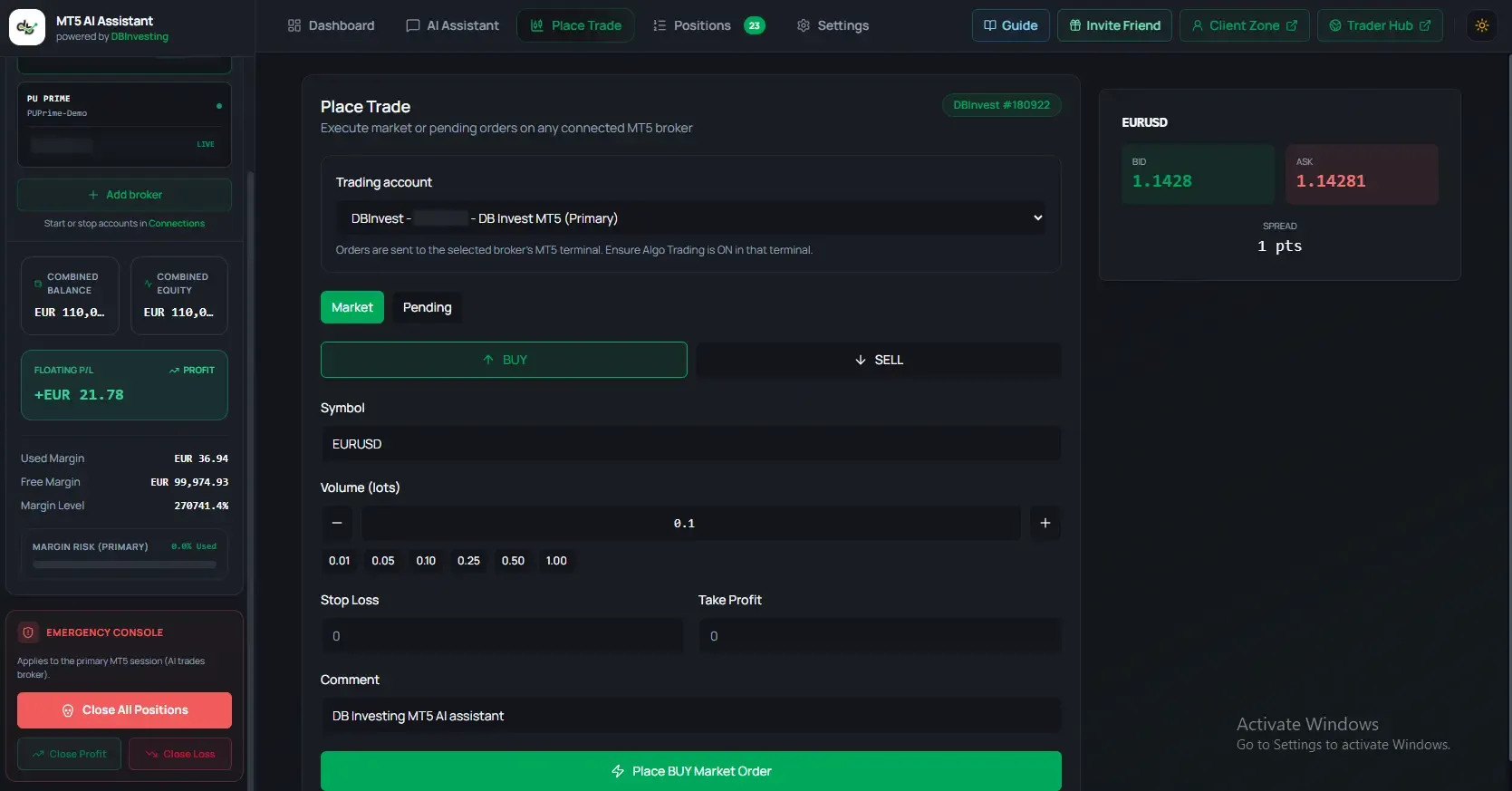 Place Trade interface with buy/sell options