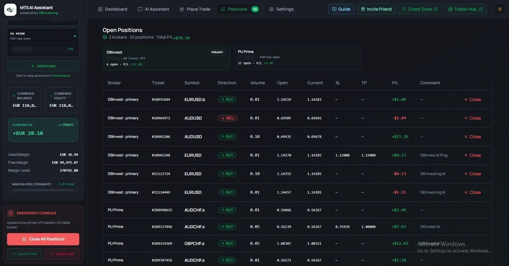 Position management with open trades and pending orders
