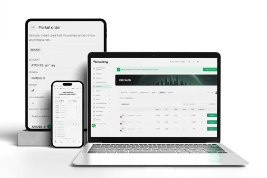 Platform dagangan DB Investing pada tablet, mudah alih dan komputer riba yang memaparkan alat CFD indeks dan skrin pesanan pasaran