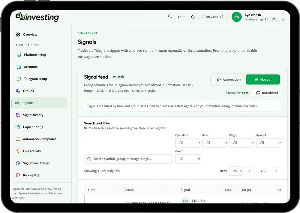 لوحة تحكم إشارات Signal Sync في منطقة العميل على جهاز لوحي