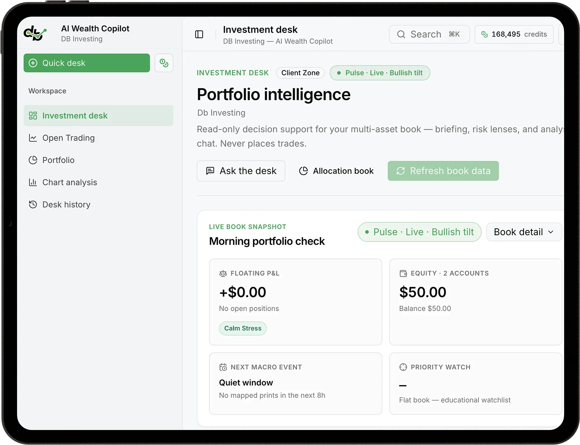 لوحة معلومات المحفظة الذكية AI Wealth Copilot في منطقة العميل على جهاز لوحي