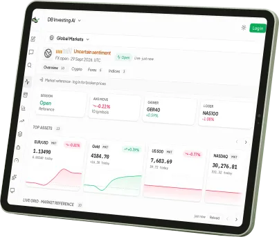 Platform MT5 DB Investing pada tablet memaparkan pasaran dan carta CFD indeks global