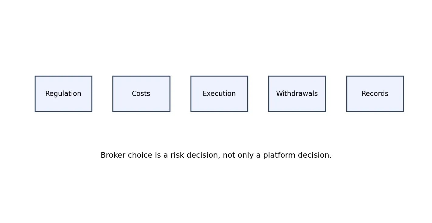 Schéma pédagogique pour choisir un courtier et une plateforme de trading: Sécurité, coûts et qualité d'exécution