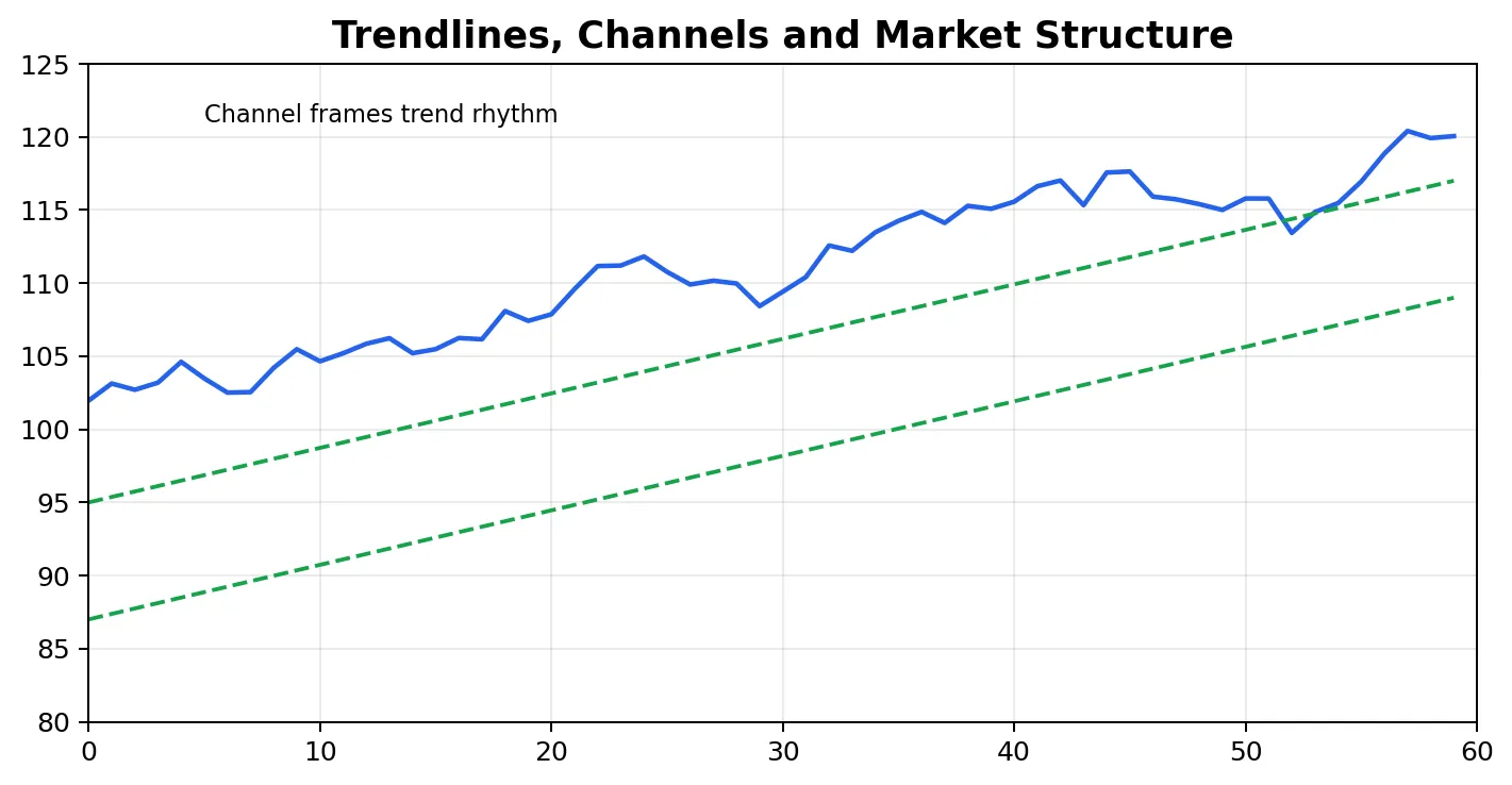 Diagramme pédagogique pour les lignes de tendance, les canaux et la structure du marché