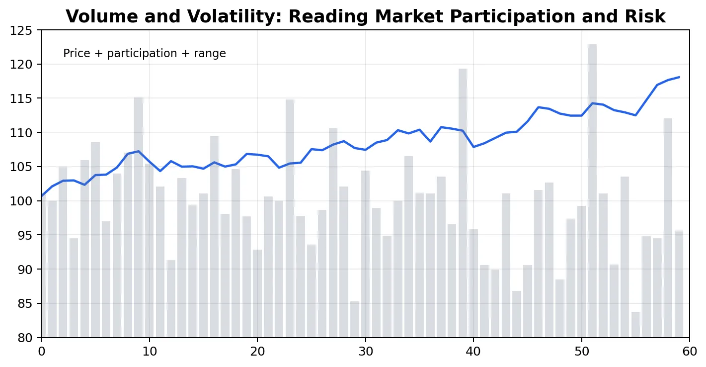 Schéma pédagogique pour le Volume et la Volatilité: Lire la participation au marché et le risque