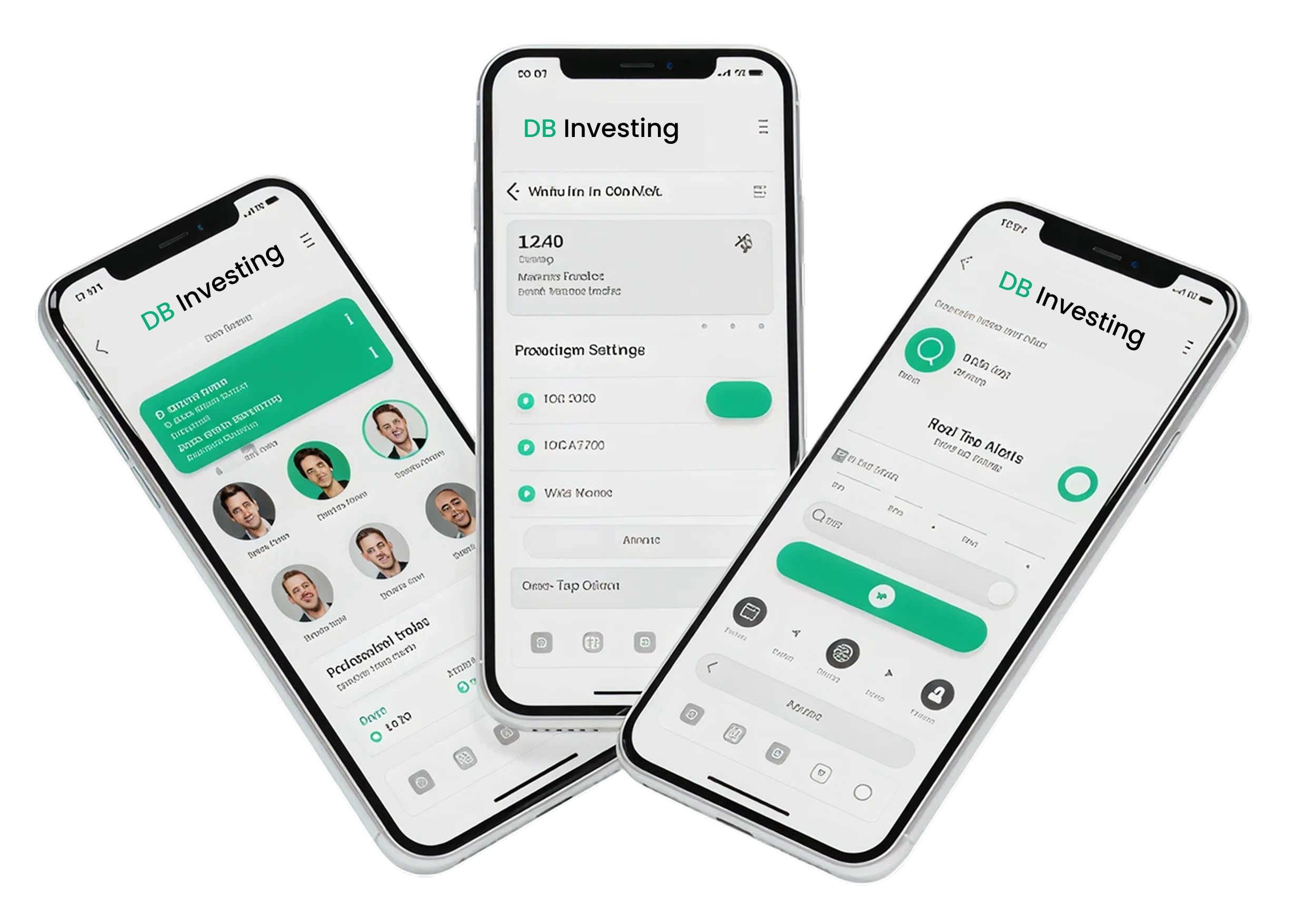 DB Investing Social Trading app displayed on multiple smartphones showing strategy browsing and portfolio management