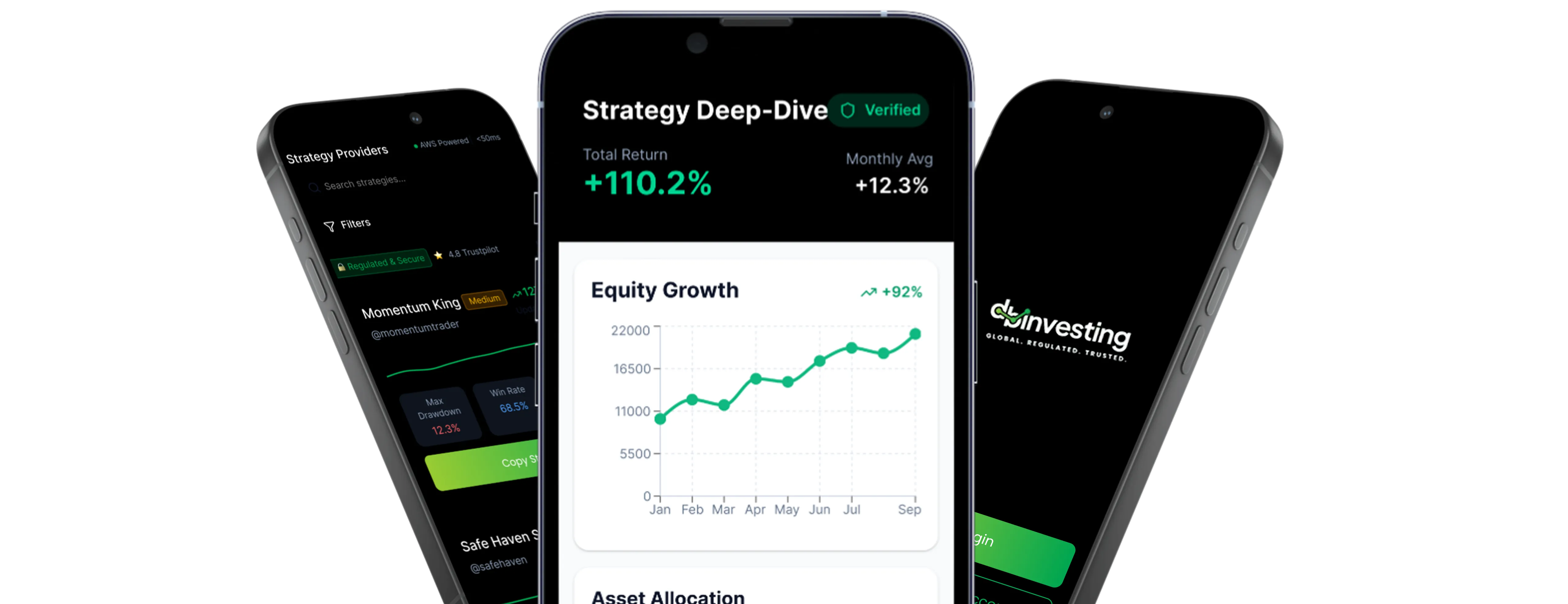 Three mobile screens showing DB Investing social trading app with strategy performance data 