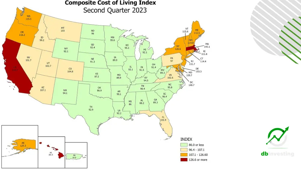 صورة خريطة مؤشر تكلفة المعيشة في الولايات المتحدة الأمريكية